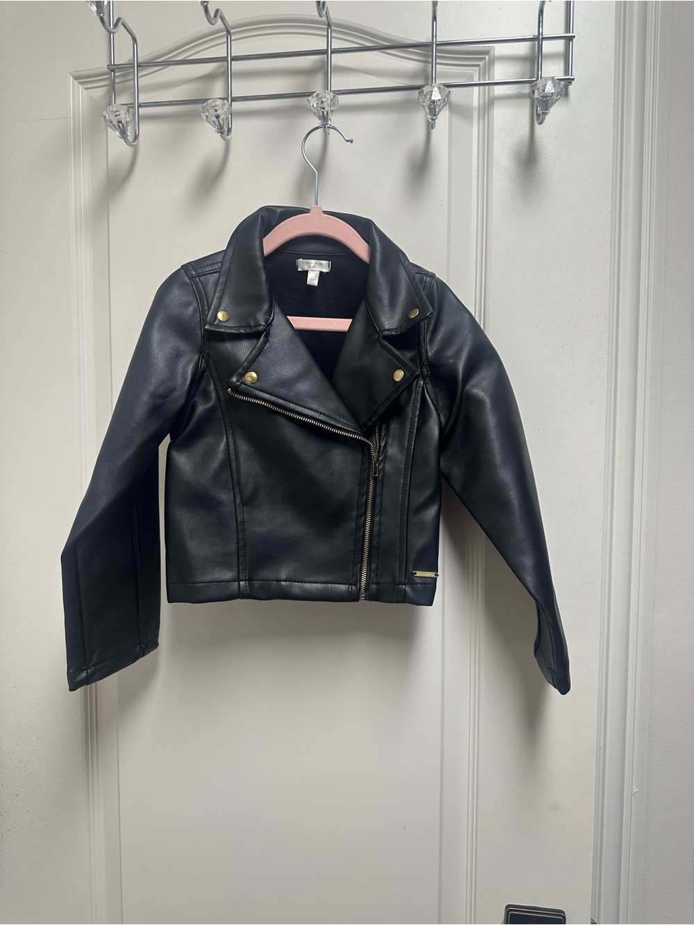 Tahari Girls Black Faux Leather Moto Jacket with Gold Hardware